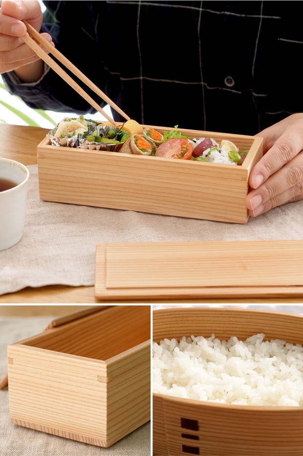 お弁当箱 木製 ちぎり弁当箱 一段 450ml 板蓋 りょうび庵 日本製 秋田杉 角型 秋田大館 ウレタン塗装 スリム 軽量