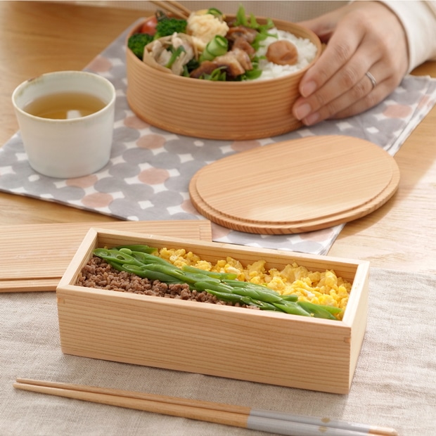 お弁当箱 木製 ちぎり弁当箱 一段 450ml 板蓋 りょうび庵 日本製 秋田杉 角型 秋田大館 ウレタン塗装 スリム 軽量
