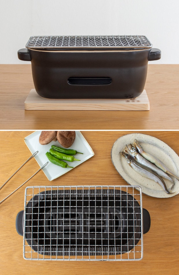かもしか道具店 陶の炭火コンロ 角 黒 角網・敷板付き 水コンロ 卓上 日本製 萬古焼 陶器 ガス 直火