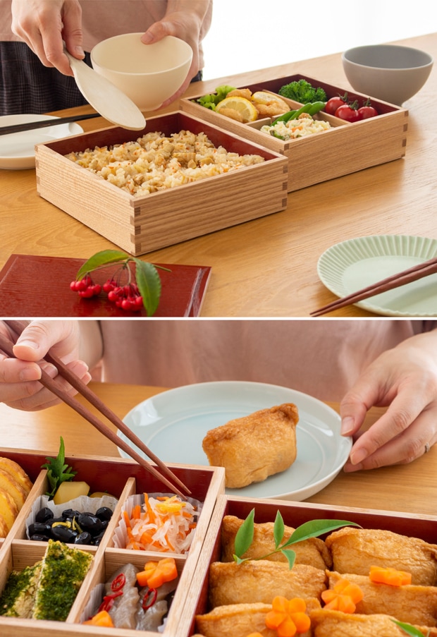 松屋漆器店 重箱 白木塗タモ6.0 二段 6寸 内朱 白木 約18×18cm 木製 日本製 おしゃれ タモ お重 天然木