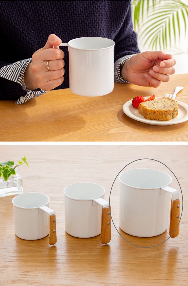 マグカップ L 500ml 琺瑯 ホーロー 持ち手 木 natural blanc ナチュラルブラン 高桑金属 白 ホワイト コップ 日本製