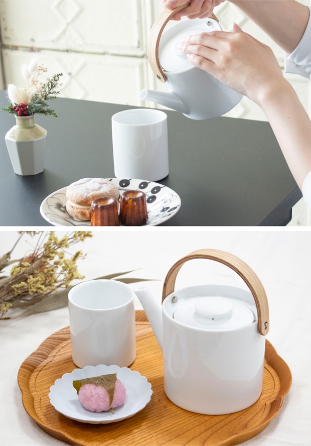 ティーポット＆ダブルウォールカップセット 陶器 白磁 茶こし付き おしゃれ ティーセット ペア 北欧風 セット 湯呑 食器 アフタヌーンティー ブラシ付きArrosoir スミス＆シュー smith＆hsu