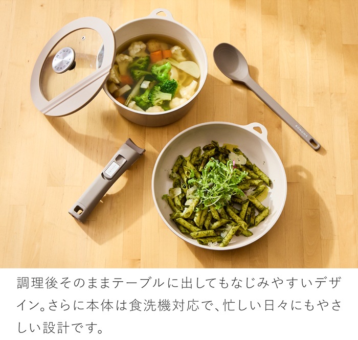 SONOMA フライパン24cm ポット20cm ガラス蓋20cm ハンドル 調理スプーン 5点セット 取っ手が取れる フライパン IH ガス火 対応 取っ手の取れる 食洗機 オーブン 着脱ハンドル スプーン オーブン コンパクト セラミック おしゃれ ソノマ