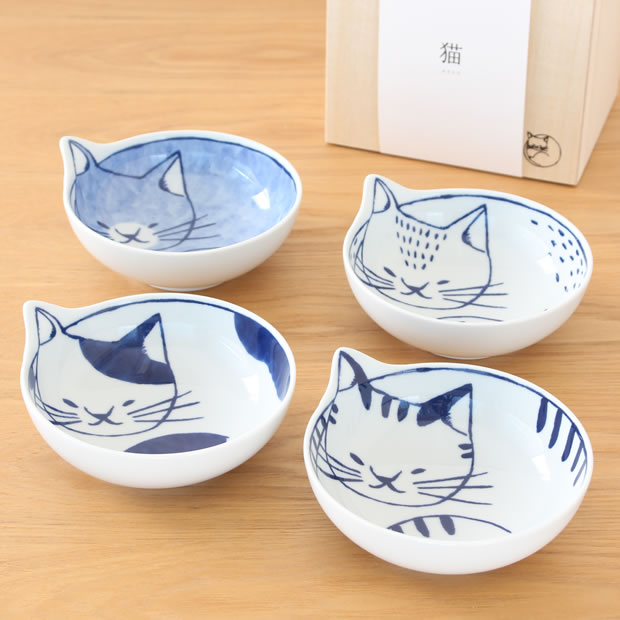 neco鉢 4枚セット 木箱入り 波佐見焼 猫皿 ねこ皿 磁器 石丸陶芸