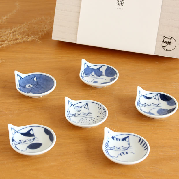 波佐見焼 豆neco皿 豆皿 小皿 6枚 セット 木箱入り 猫皿 ねこ皿 箸置き 平皿 磁器 和食器 石丸陶芸 日本製
