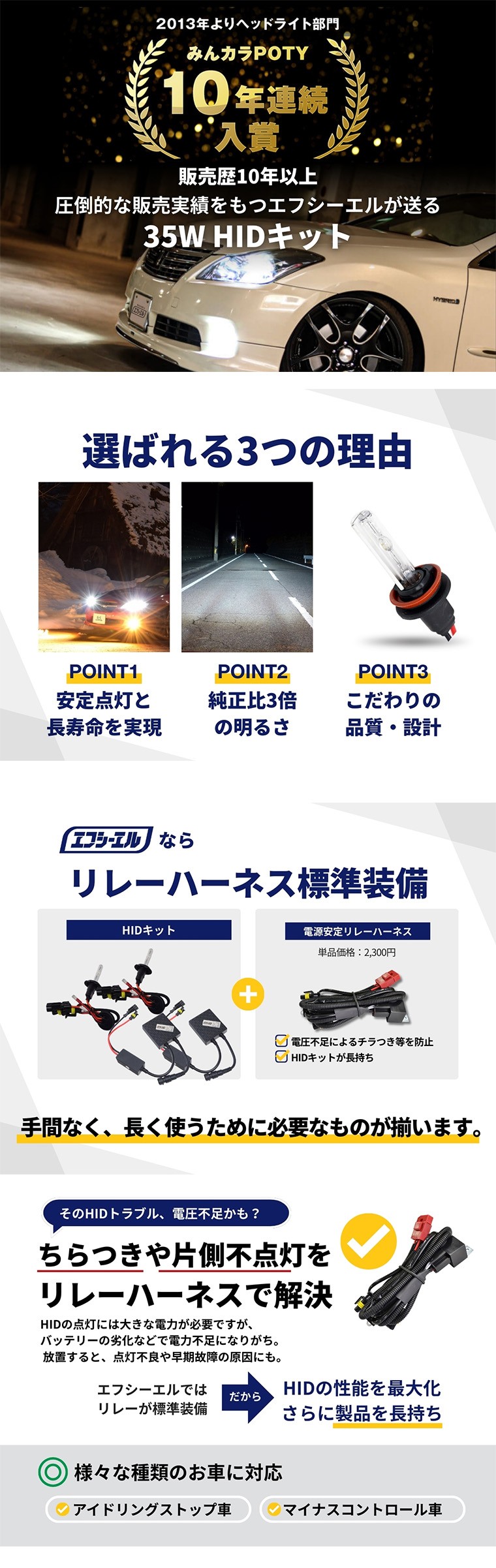 fcl 55W HIDキット 純正比4倍の明るさとリレーハーネス標準装備