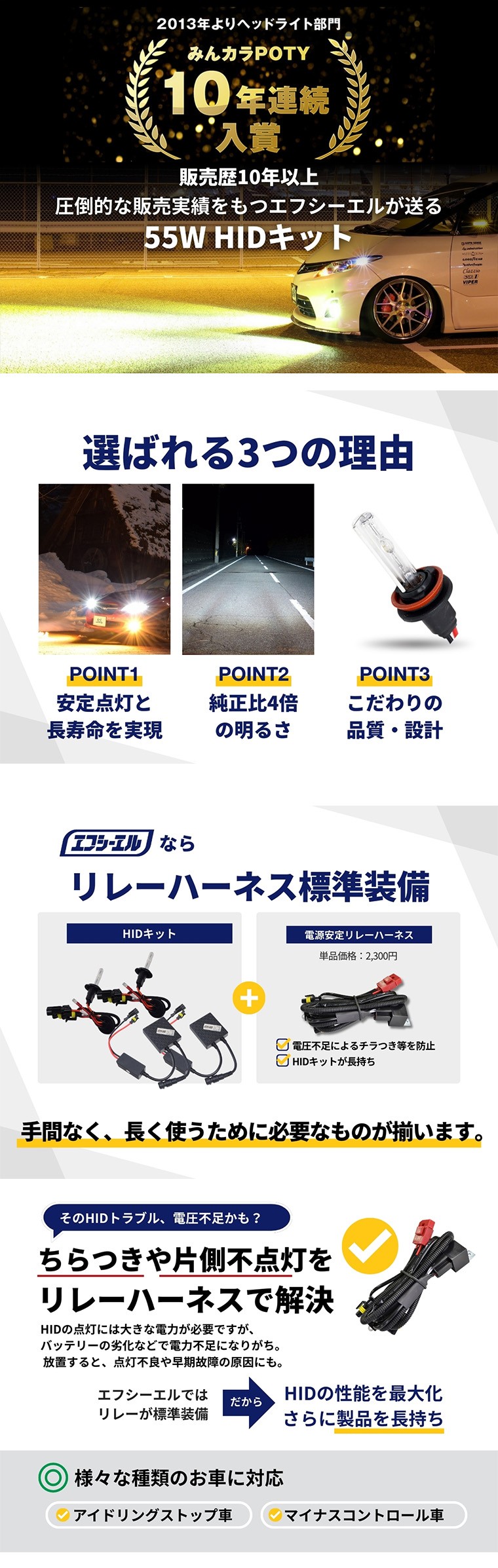 fcl 55W HIDキット 純正比4倍の明るさとリレーハーネス標準装備