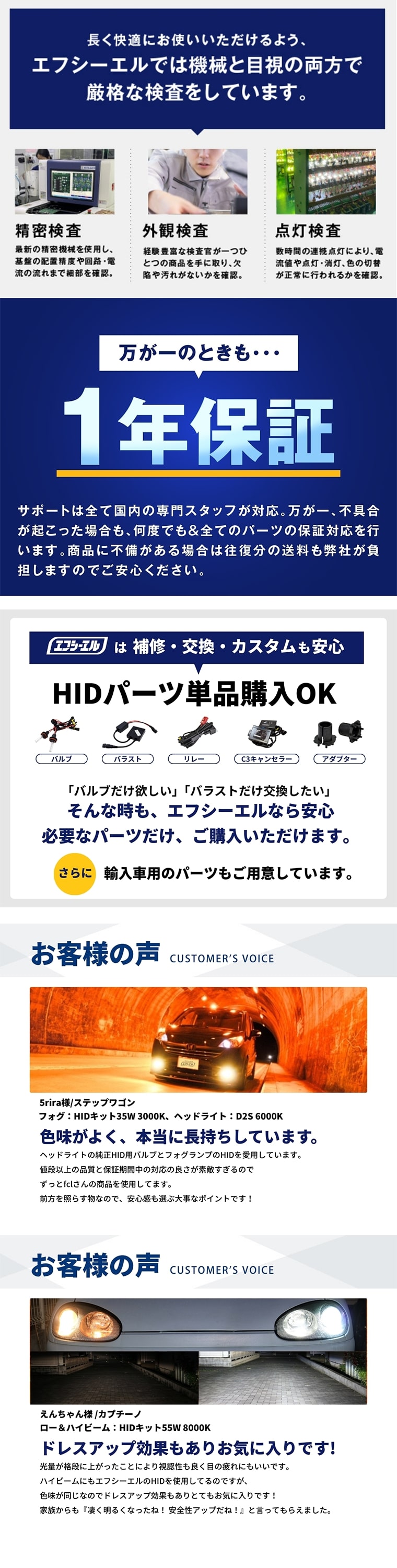 fcl HIDキット 安心の1年保証と厳格な検査体制 補修パーツも販売