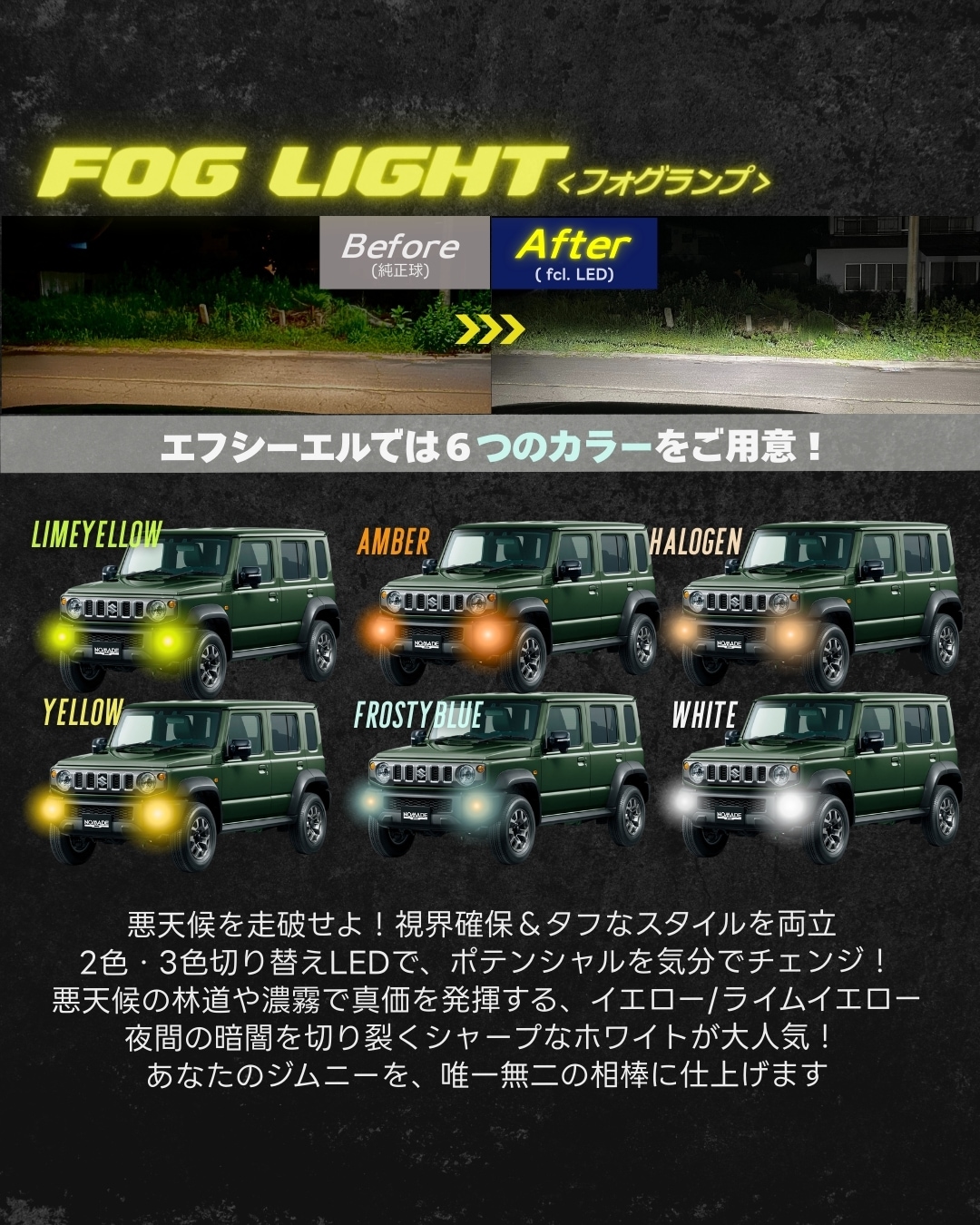 ジムニーのフォグランプ 6つのLEDカラー