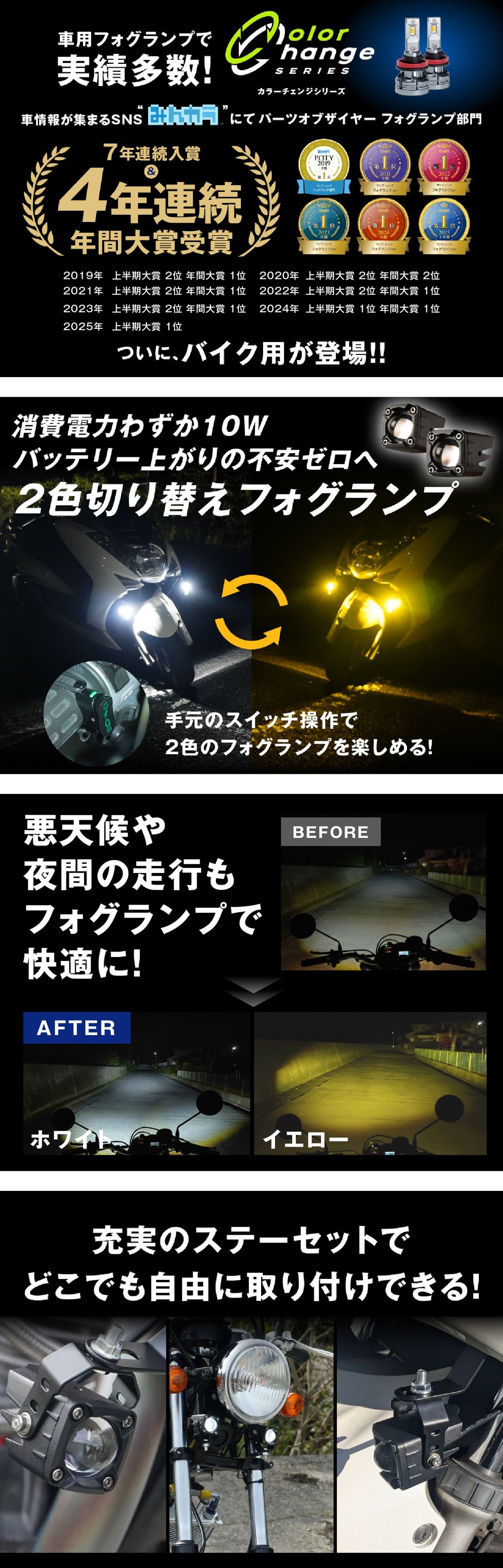 バイク フォグランプ LED 2色切り替え 調光 明るさ調整 後付け 黄 白
