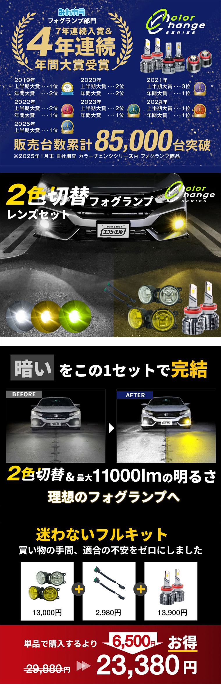 ２色切り替えLEDフォグ 最大11000lm フォグランプ フルキット お得