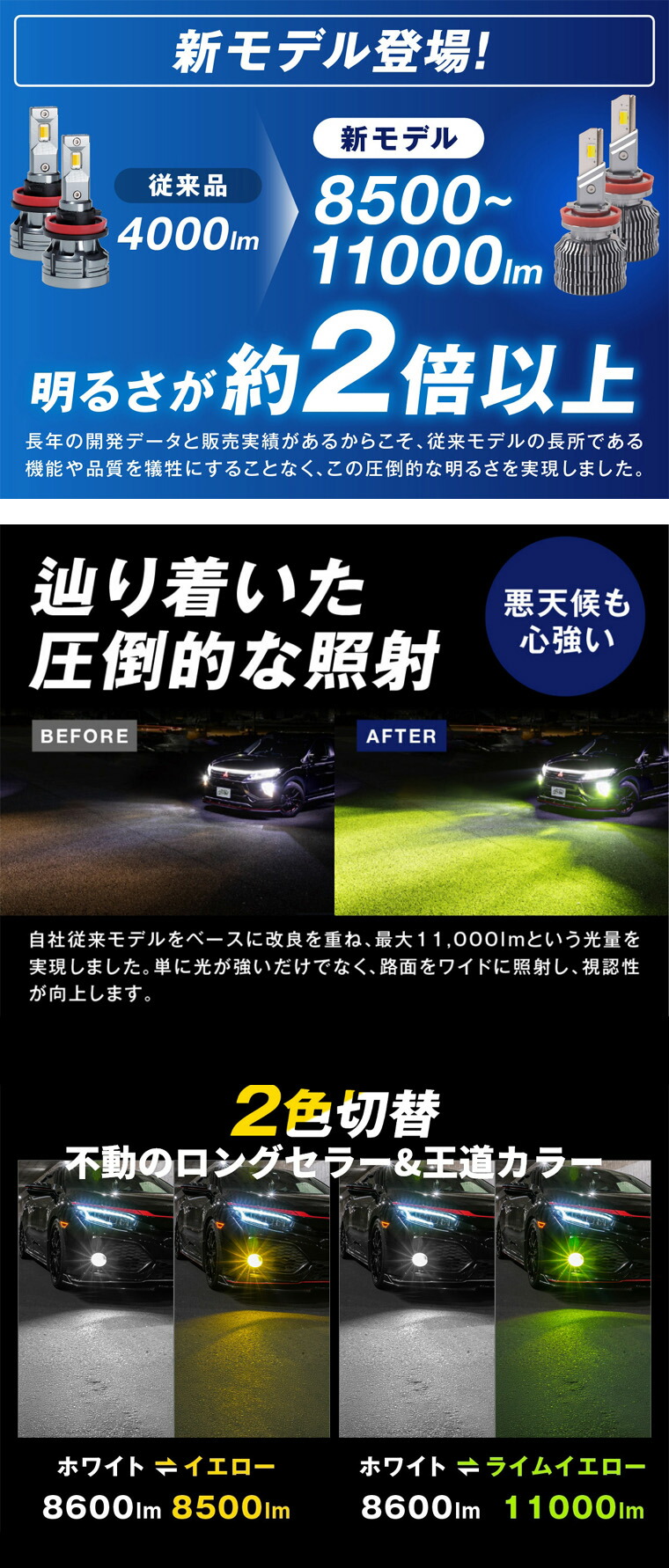 明るさ２倍以上 照射 ホワイト イエロー ライムイエロー