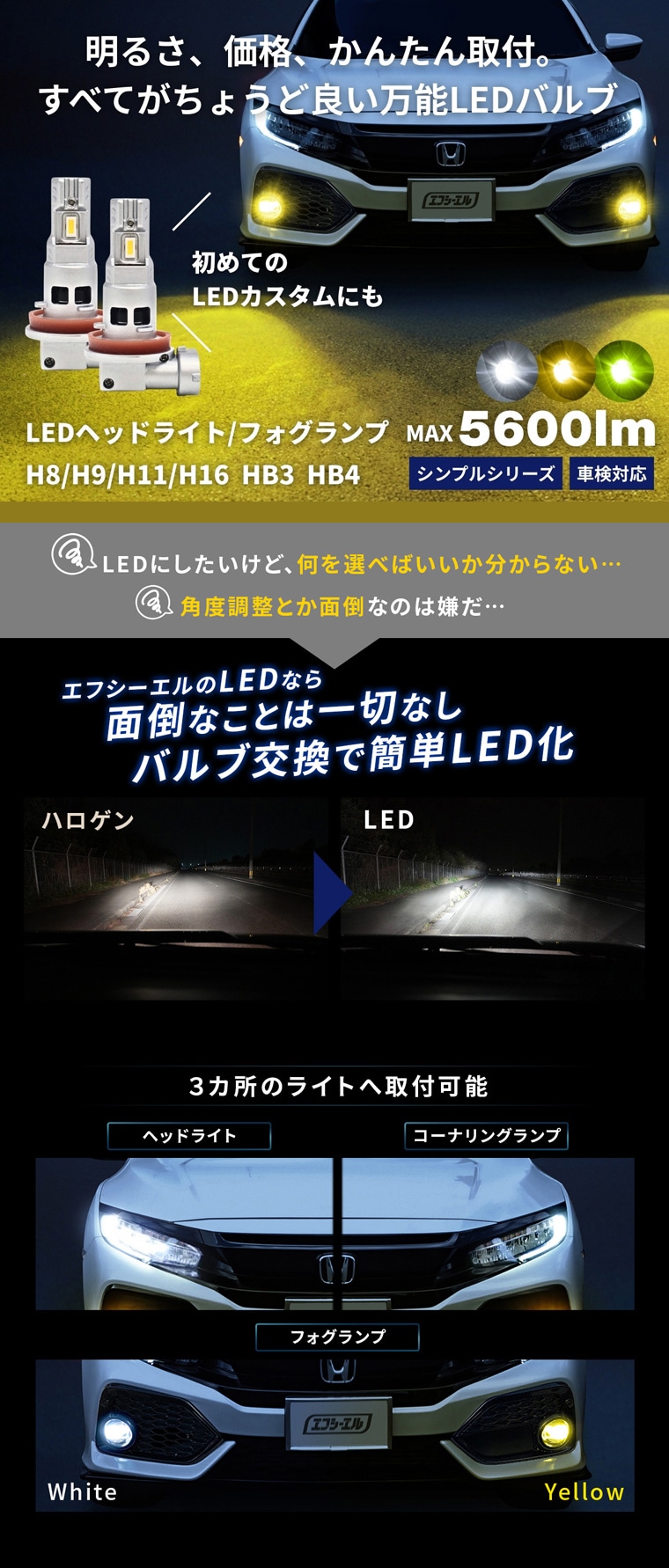 汎用 LEDフォグ ホワイト 黄色 ライム