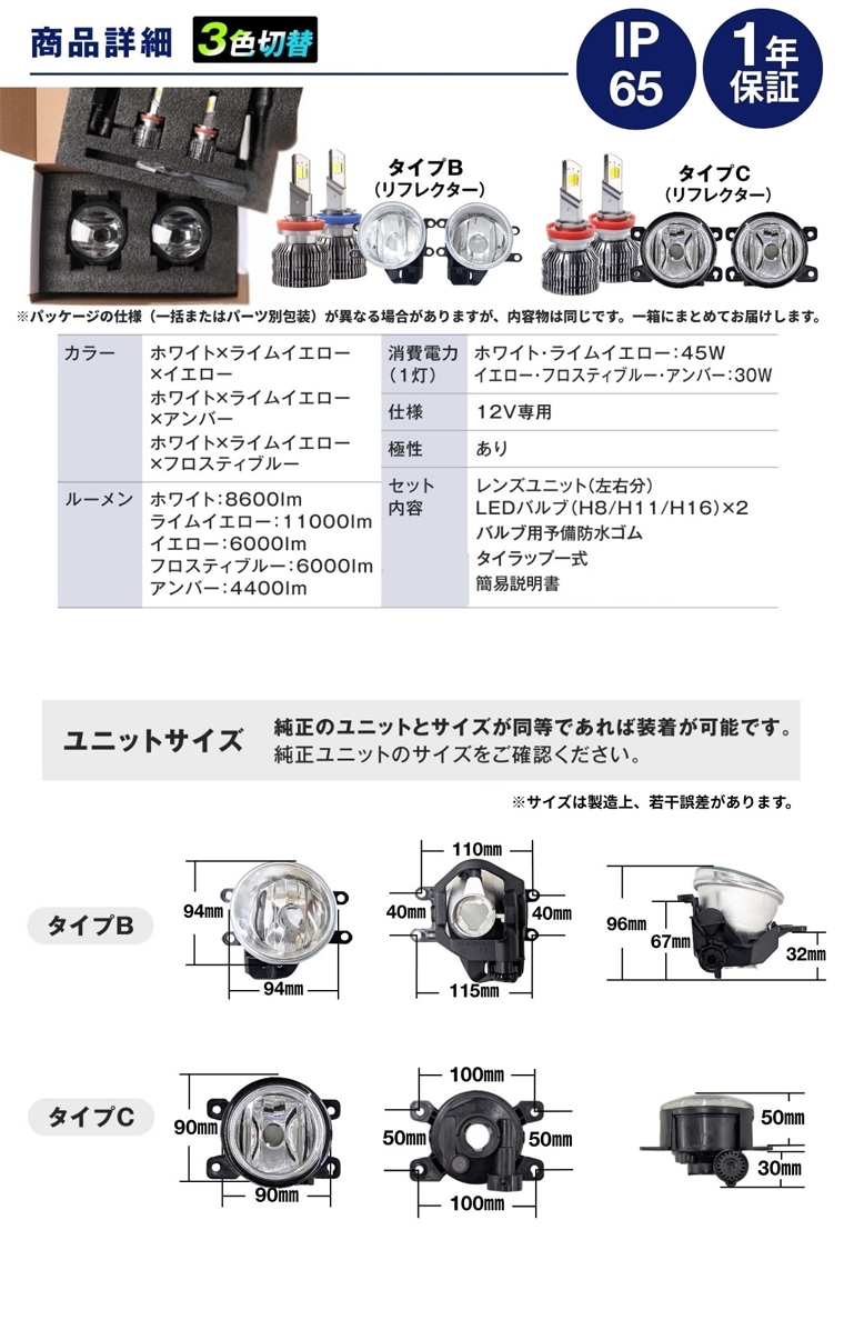 12V専用フォグの仕様・サイズ詳細