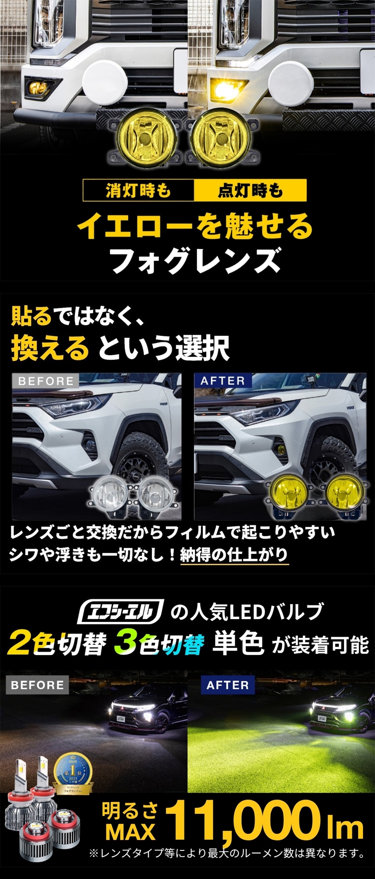 昼夜問わず黄色を演出するフォグレンズ