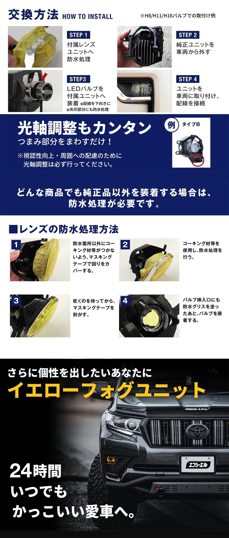 車両からの取り外しと防水処理・光軸調整