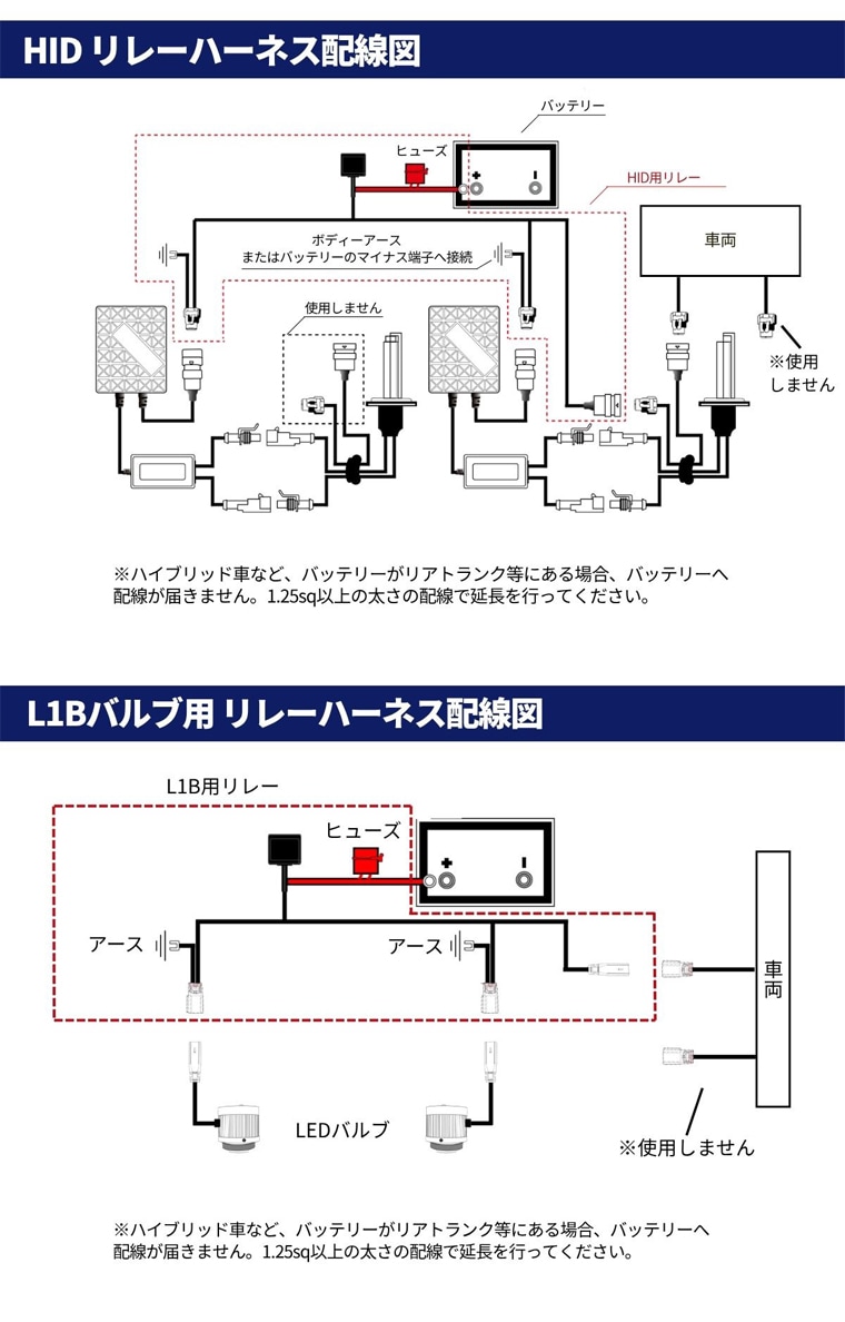 HIDやL1Bのバッテリー直接接続配線図