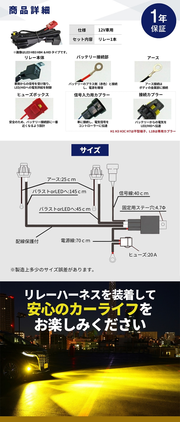 12V車専用リレーハーネスのサイズと仕様