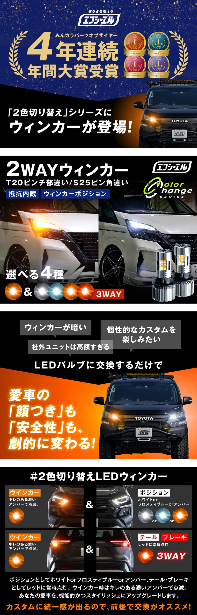 2色切り替えウィンカーポジションT20/S25のLEDバルブ