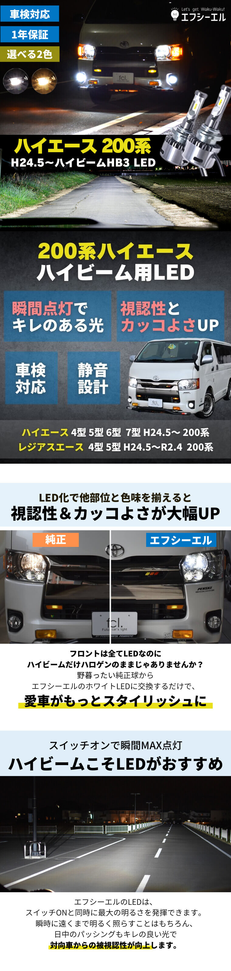 ハイエース 200系専用 HB3 LEDヘッドライト ハイビーム【公式通販】fcl. 車のLED専門店