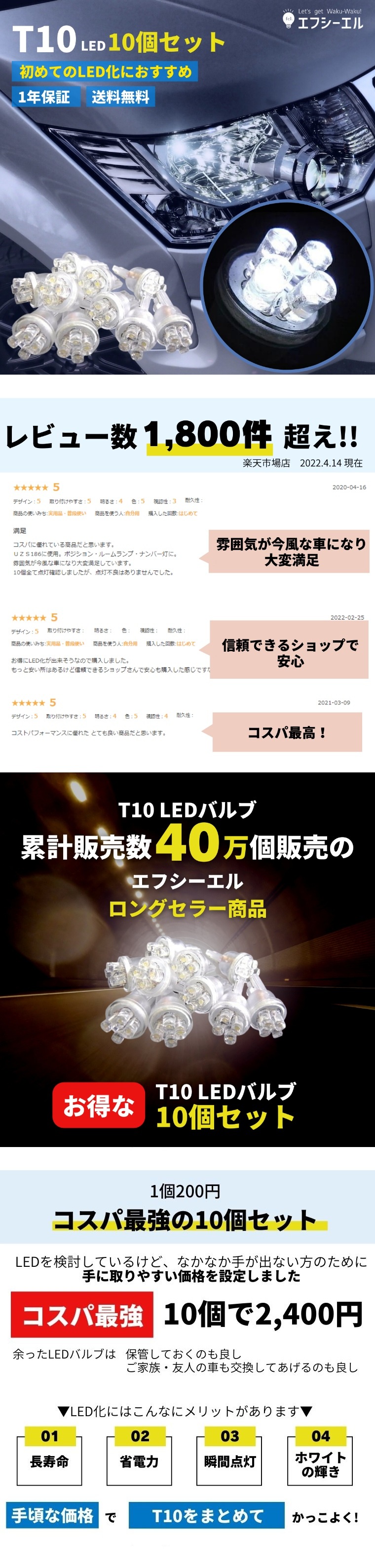 LEDバルブ T10 ホワイト10個セット【公式通販】fcl. 車のLED専門店