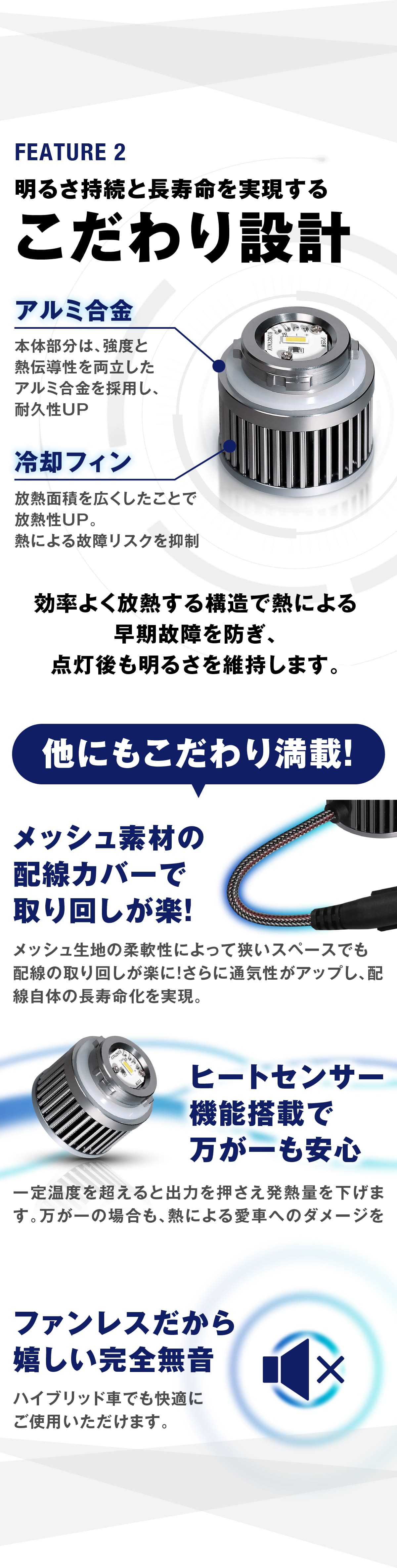 こだわり設計 放熱 アルミ合金 冷却フィン ヒートセンサー ファンレス 簡単取付 専用工具 角度調整 専用レンチ 最適配光