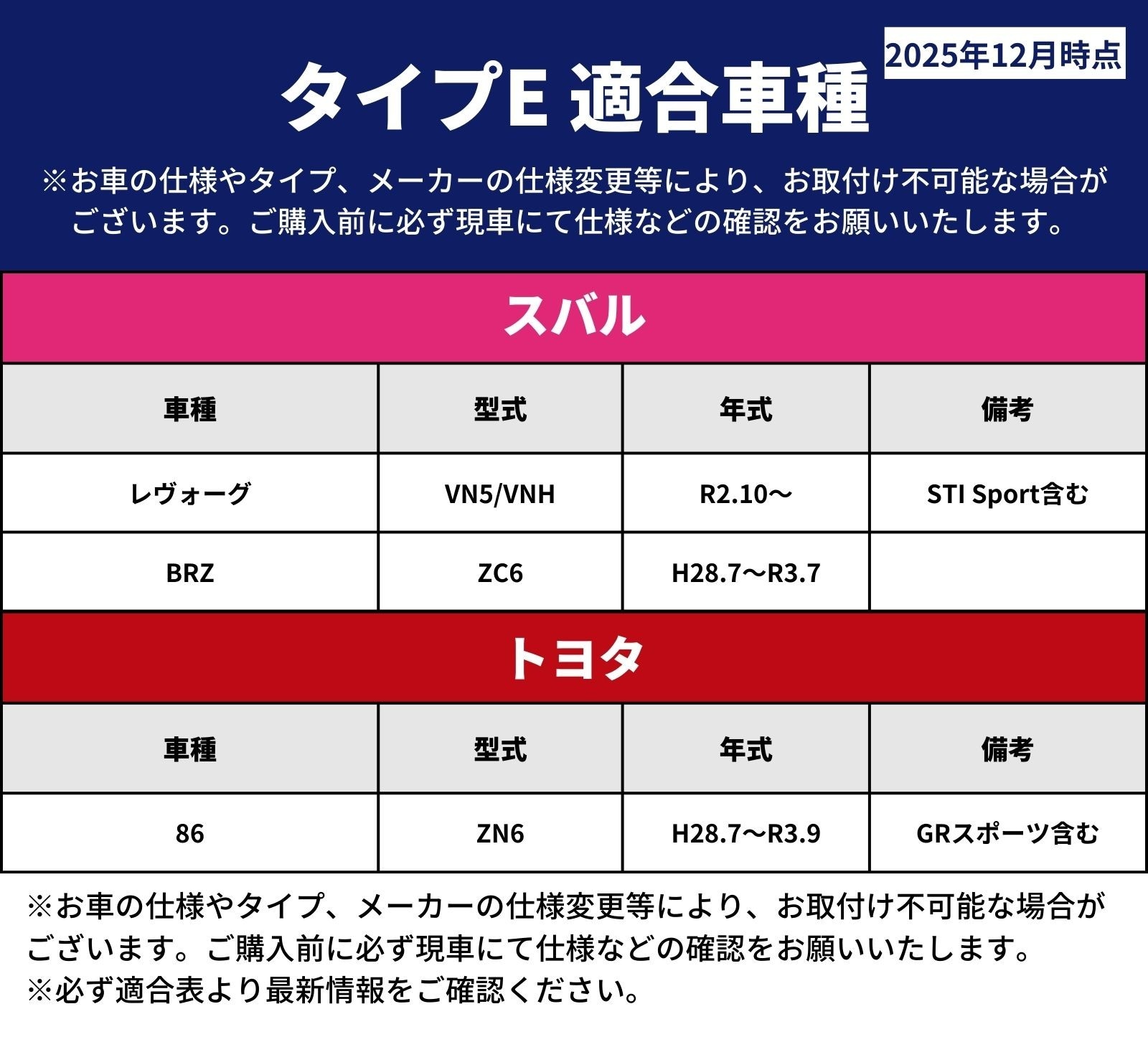 86 ZN6 後期 BRZ ZC6 後期 レヴォーグ VN5 VNHに適合
