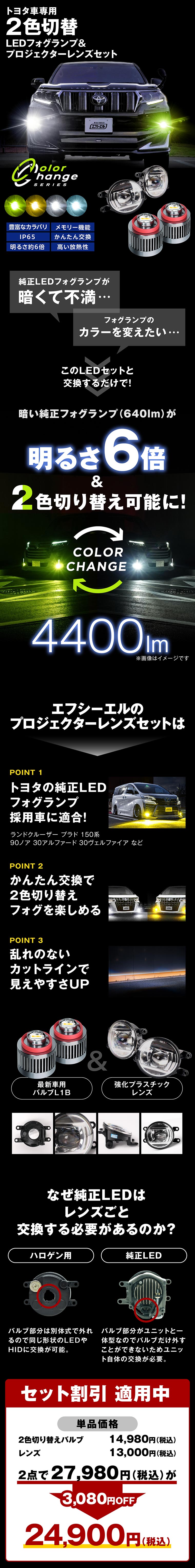 トヨタ 2色切り替えフォグランプ レンズ プロジェクター LEDバルブセット