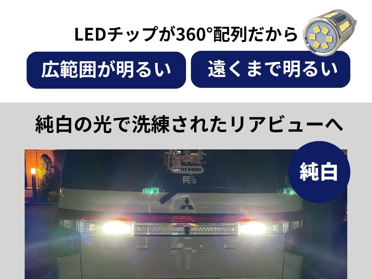 LEDチップ360°配光だから広範囲が明るい 遠くまで明るい 純白の光で洗礼されたリアビューへ