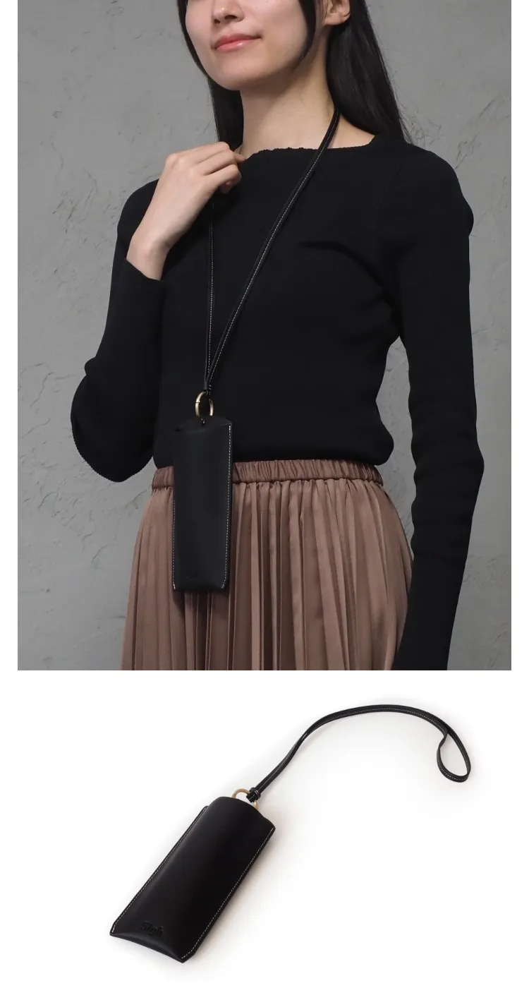 レザー ネックストラップ メガネケース - ブラック