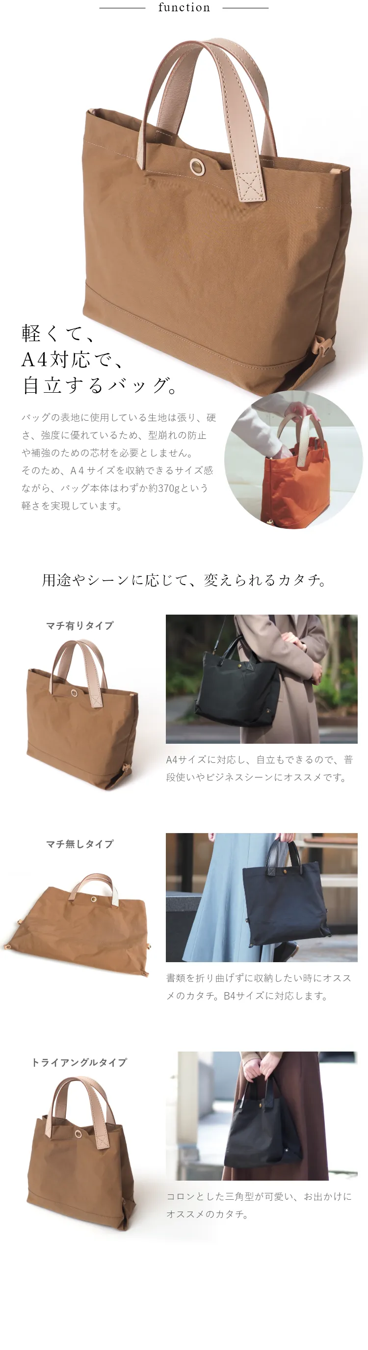 取り外しのできるショルダーベルトを使って、ショルダーバッグとしても利用できます。マチがあるため、自立して置けます。