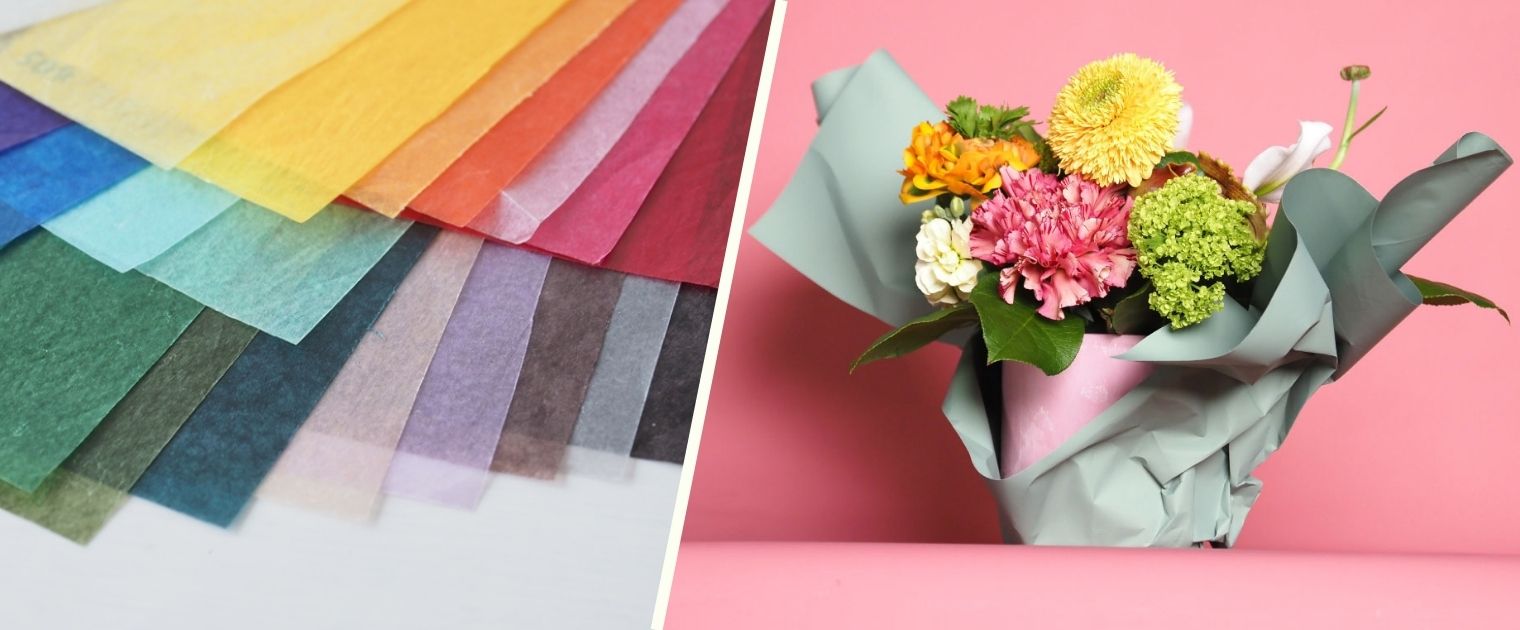 WAXペーパー色見本とモイストでラッピングされたフラワーアレンジメント