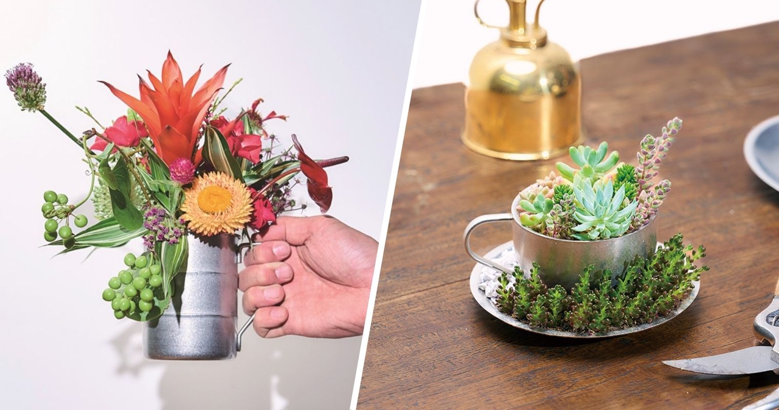 コップを花材に見立ててカラフルな花を生けたディスプレイと、洗練されたデザインのステンレスの鉢に植物を植えたディスプレイ例