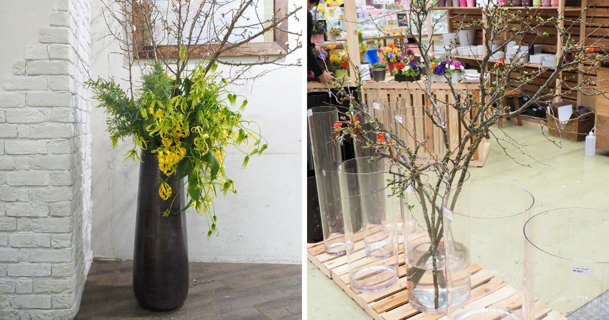 枝ものに適した花瓶 アルミニウム製花器とポリカーボネート製フラワーベース