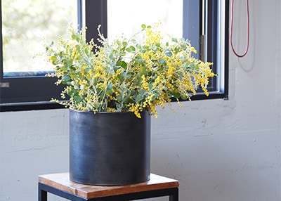 ブラックの鉄製フラワーベースに黄色のミモザを生けた窓際での使用イメージ