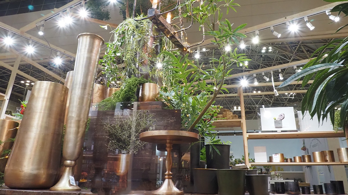 重厚感のあるアルミニウム製フラワーベースと観葉植物のディスプレイ展示