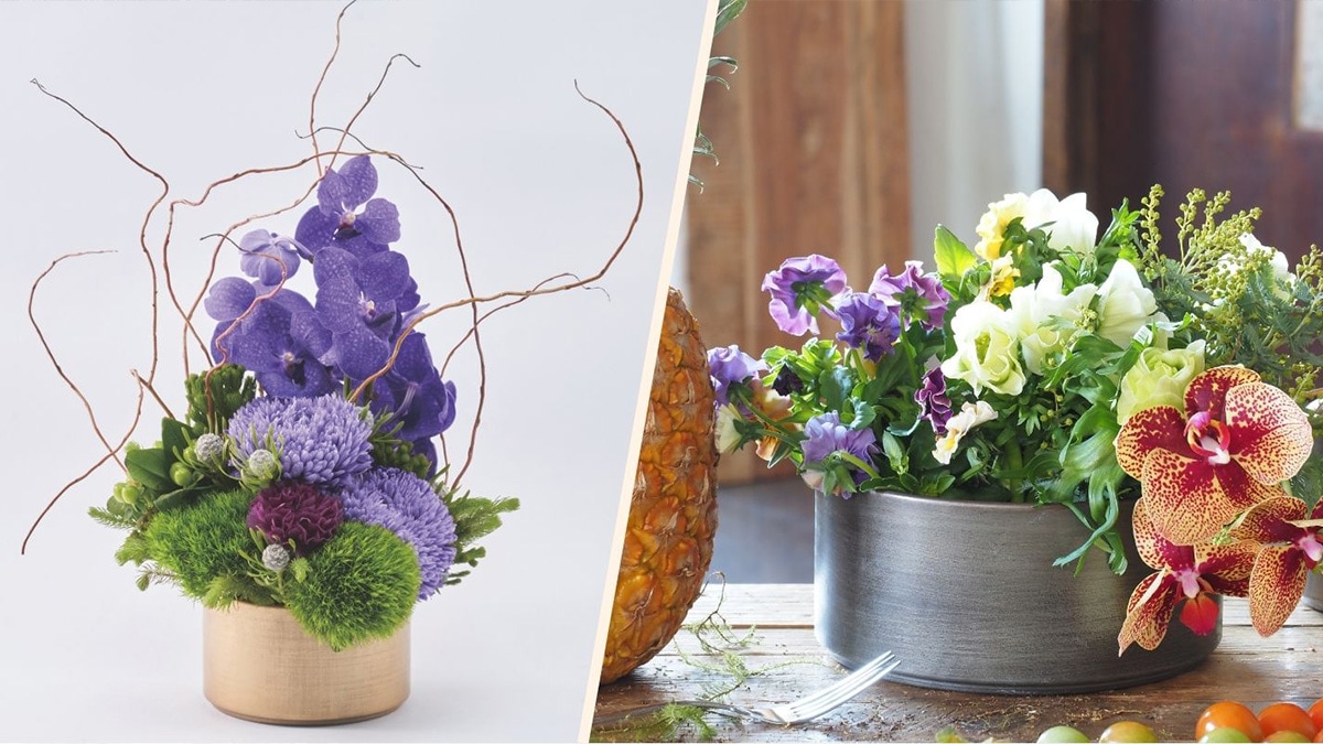 重厚感のあるアイアン（鉄）製フラワーベース。紫の花や蔓をあしらったシックな和モダンアレンジメント。