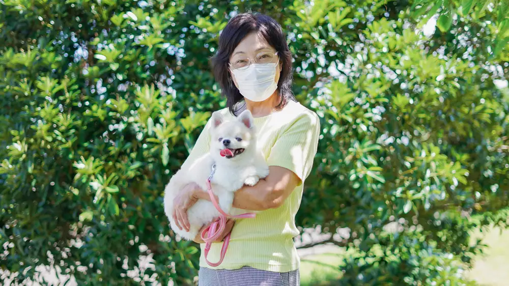犬を抱っこするマスクを着用した高齢女性の画像