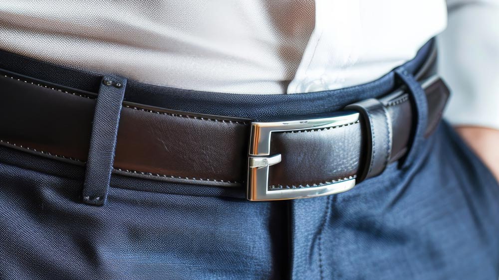 牛革ラチェット式ベルトを着用する男性の画像