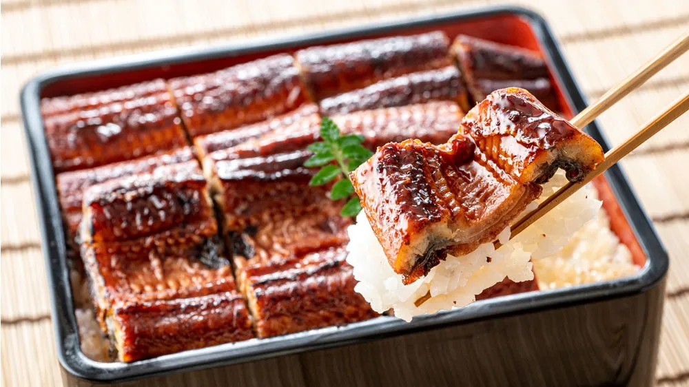 うな重から箸で持ち上げられる鰻と白米の画像