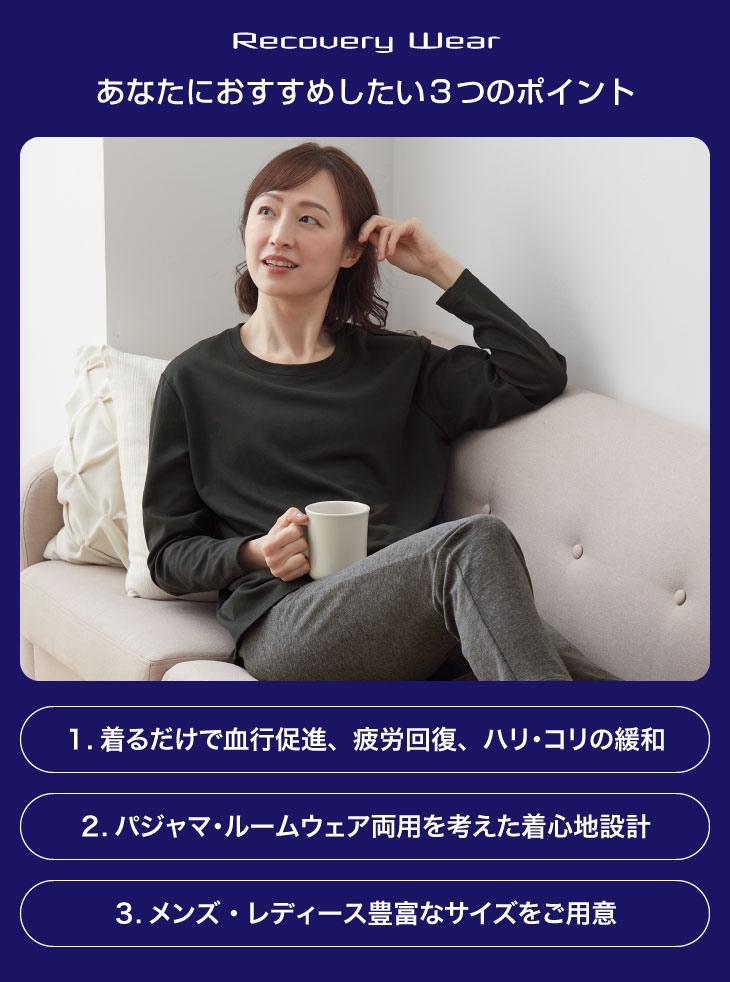 リカバリーウェアの3つの特徴。1. 着るだけで血行促進、疲労回復、ハリ・コリを緩和。2. パジャマとルームウェア両用を考えた快適な着心地設計。3. メンズ・レディース共に豊富なサイズラインナップをご用意