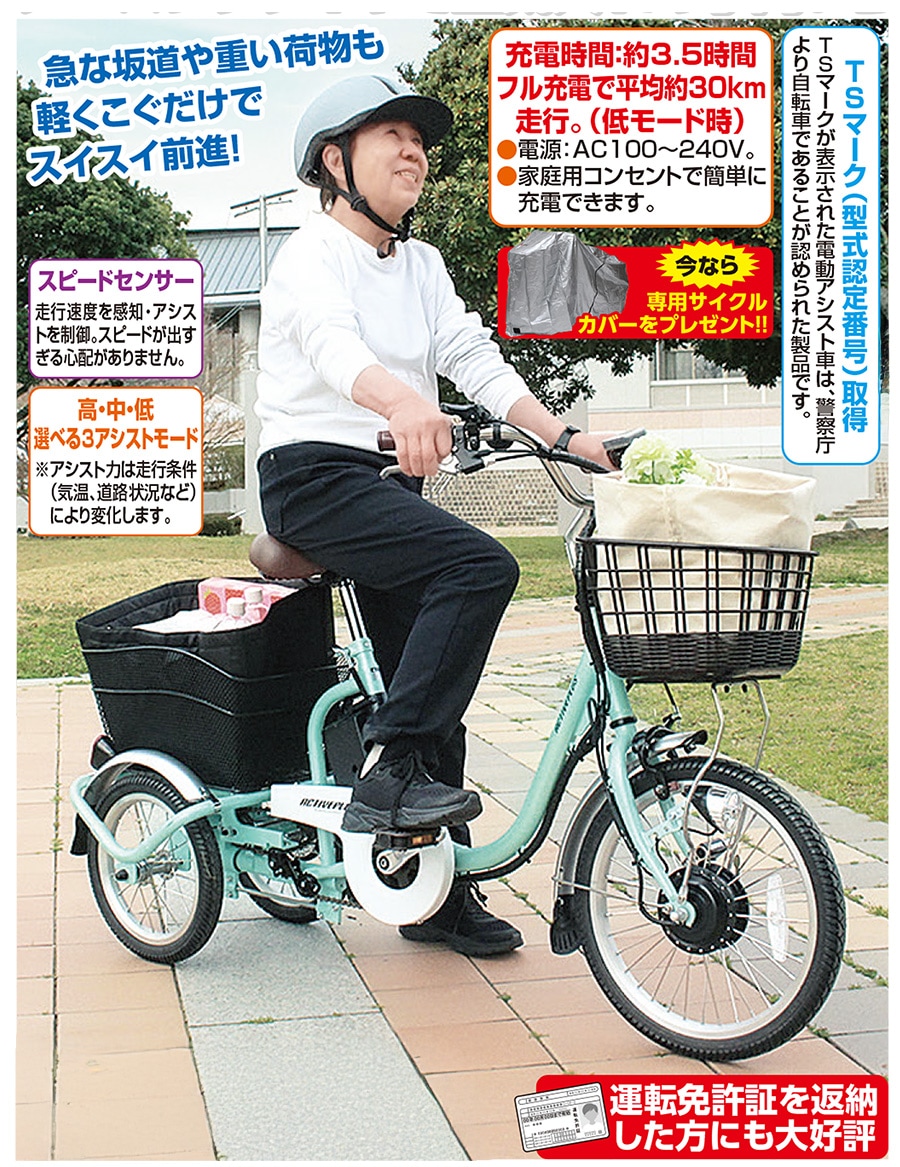 ノーパンク ロータイプ電動アシスト三輪自転車 MG-TRM18APN