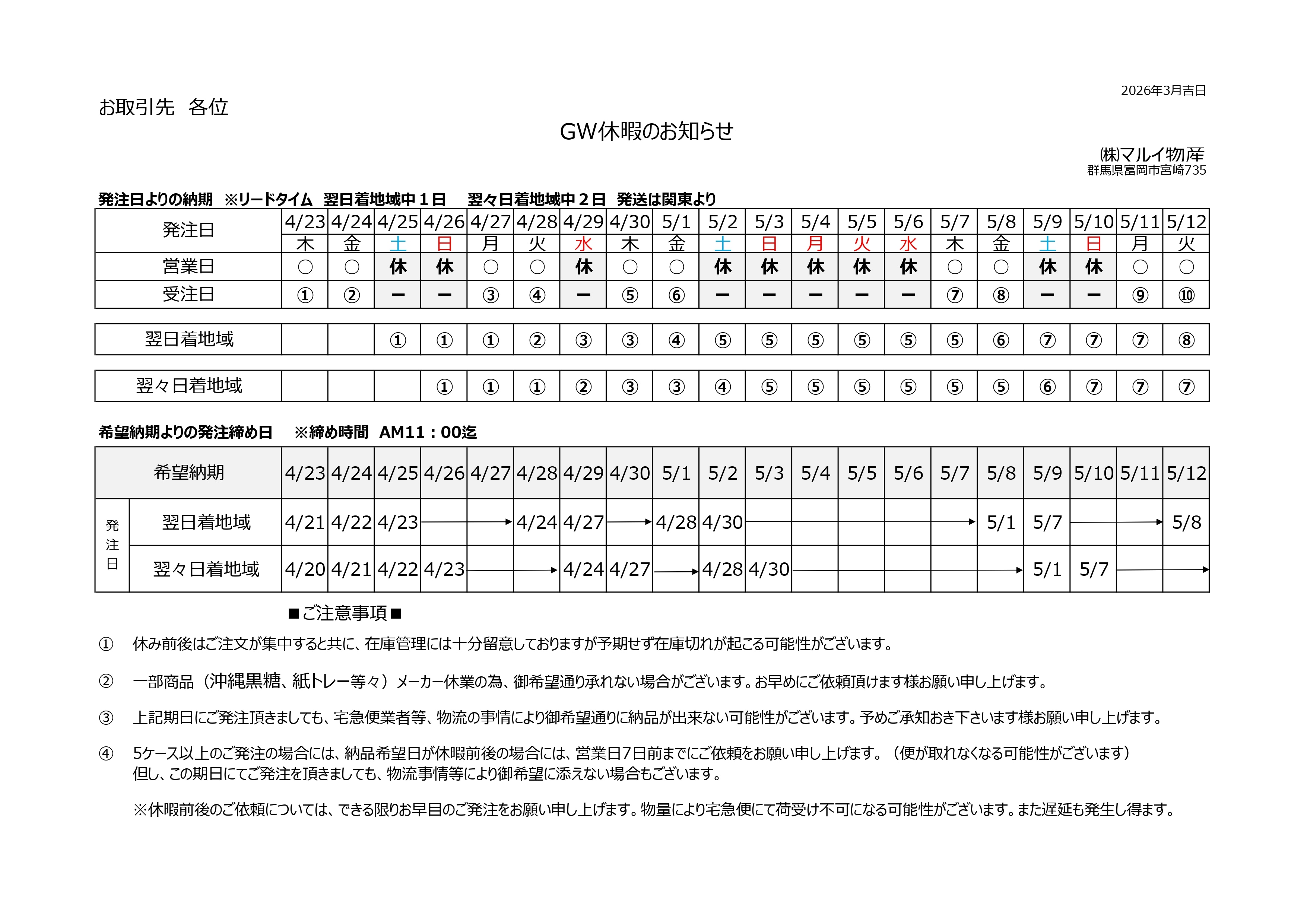GWの営業について】