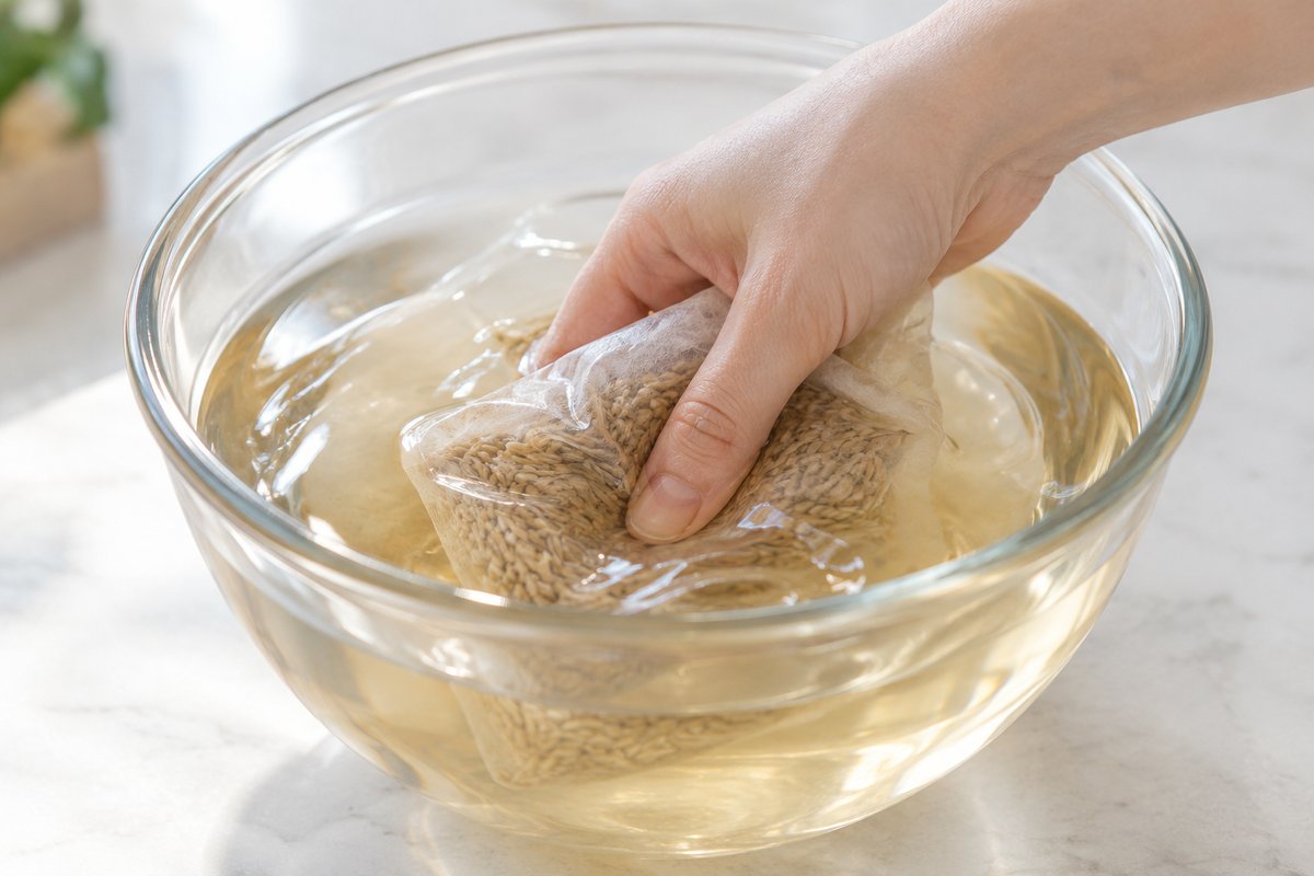 乾燥した愛玉子の種を布袋に入れてボウルの水の中で揉んでいる様子