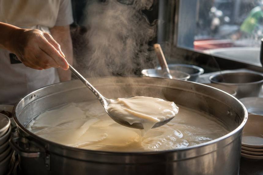 大きな容器からお玉で薄くすくい上げる豆花