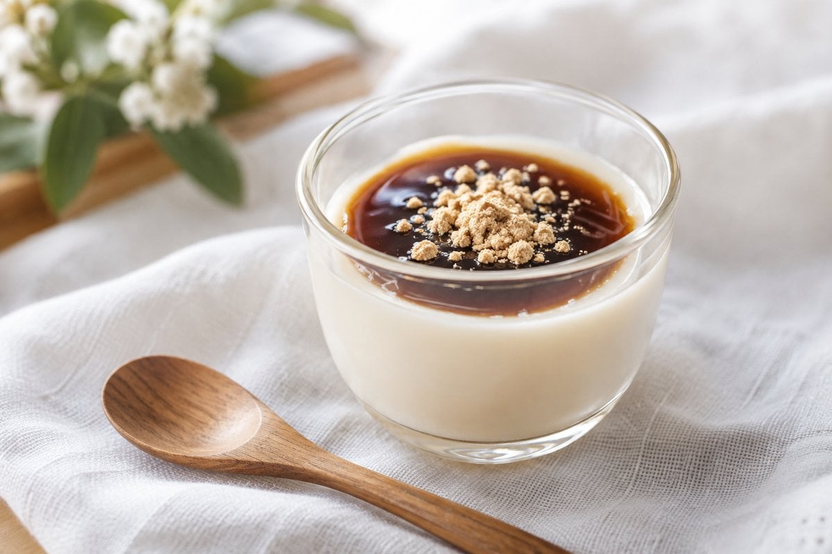 ガラスのカップに入った白い豆乳プリンに黒蜜をかけ、きな粉をふったところ