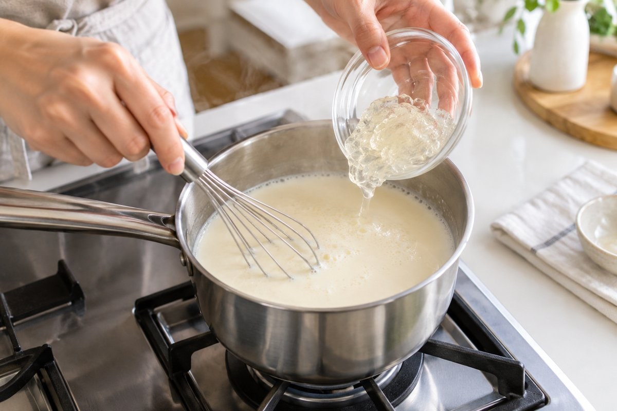 温めた豆乳の入った小鍋に、ふやかしたゼラチンを入れて泡立て器で溶かしているところ