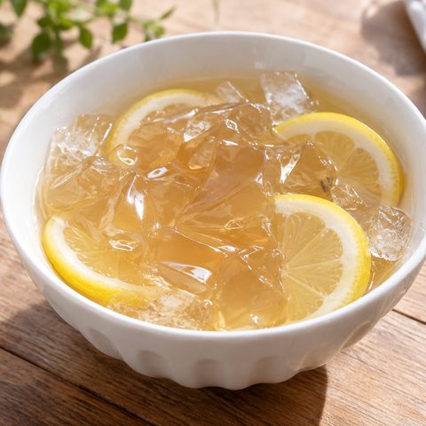 レモンを添えた琥珀色の愛玉ゼリー