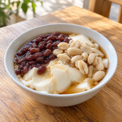 豆花にのせた甘く煮た小豆と落花生