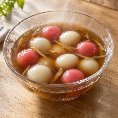 生姜と黒糖のスープに浮かぶ紅白の湯圓